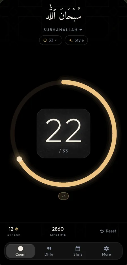 The Obsidian style on true black: a gold arc around 22 / 33, with a ×4 marker below