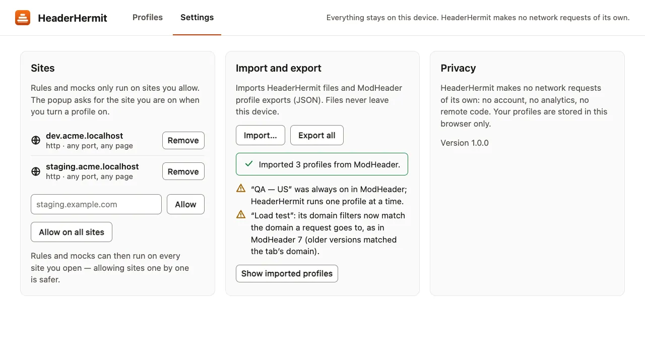 The Settings tab: allowed sites with Remove buttons, Import and Export all buttons, and an import report of 3 profiles with two warnings