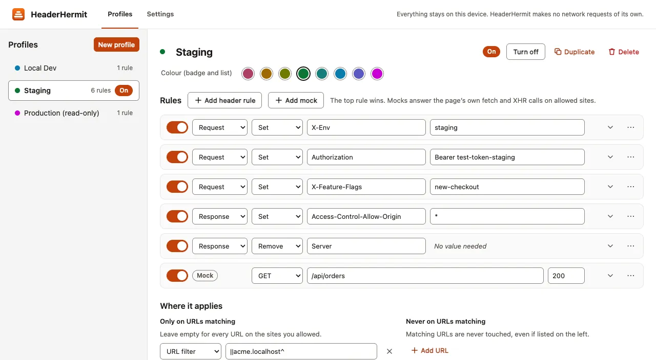 The HeaderHermit profile editor for Staging: request rules for X-Env, Authorization and X-Feature-Flags, a CORS response header, Server removed, and a GET mock
